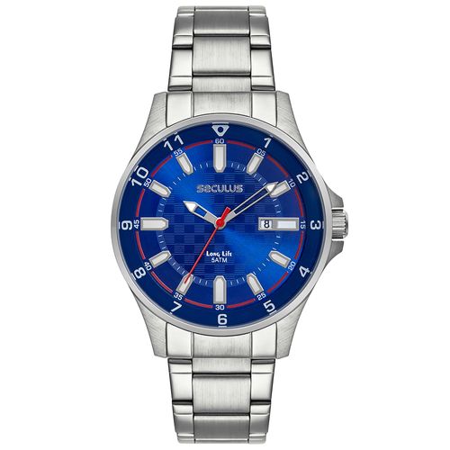 Relógio Masculino Aço Prata Calendário Visor Azul