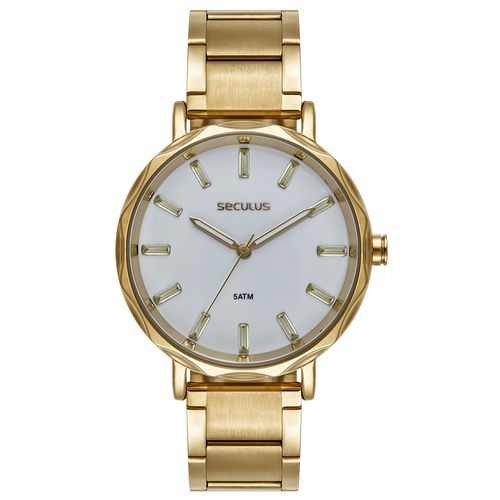 Relógio Feminino Dourado Visor Amplo com Pedras