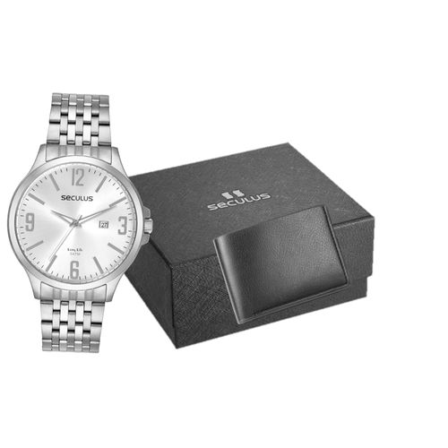 Kit Relógio Masculino Aço Social Prata com Carteira