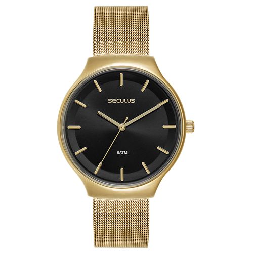 Relógio Feminino Dourado Malha de Aço Mostrador Preto