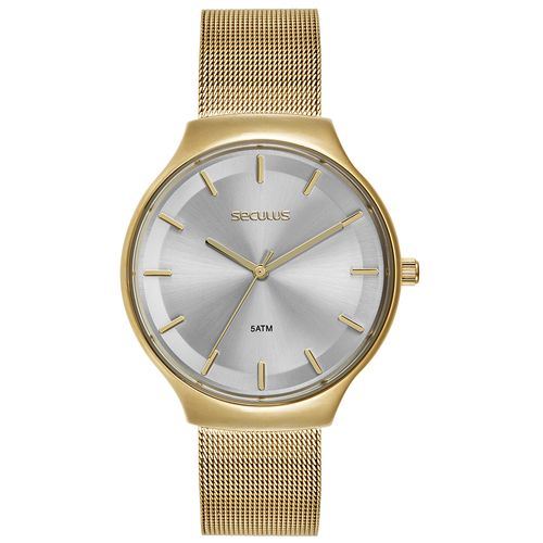 Relógio Feminino Dourado Malha de Aço Mostrador Prata
