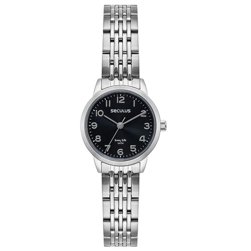 Relógio Feminino Aço Cromado Mostrador Preto