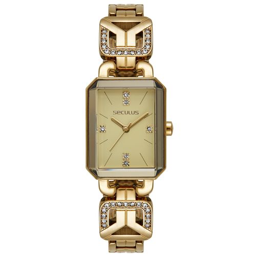 Relógio Feminino Quadrado Dourado Cristais Cravejados