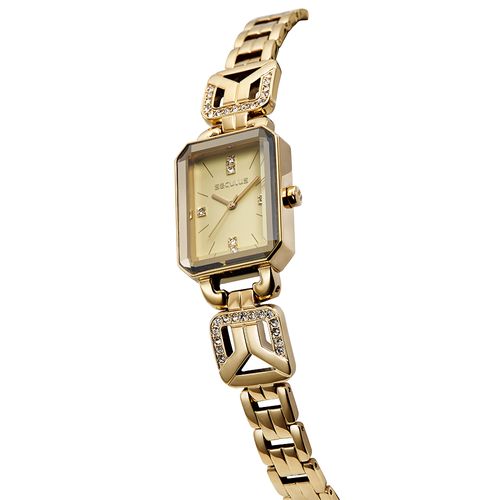 Relógio Feminino Quadrado Dourado Cristais Cravejados