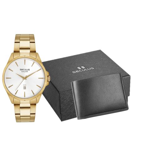 Kit Relógio Masculino Aço Clássico Dourado com Carteira