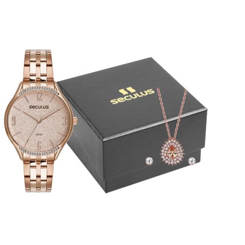 Kit Relógio Feminino Glitter Rosé com Colar e Brincos