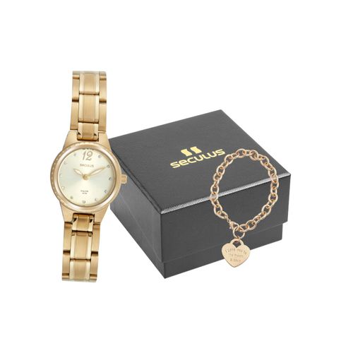 Kit Relógio Feminino Cristais Dourado Com Pulseira Coração