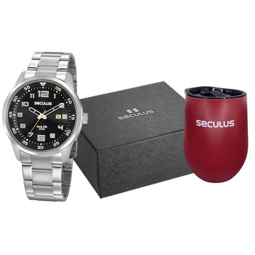 Kit Relógio Masculino Calendário Aço Prata com Copo Térmico