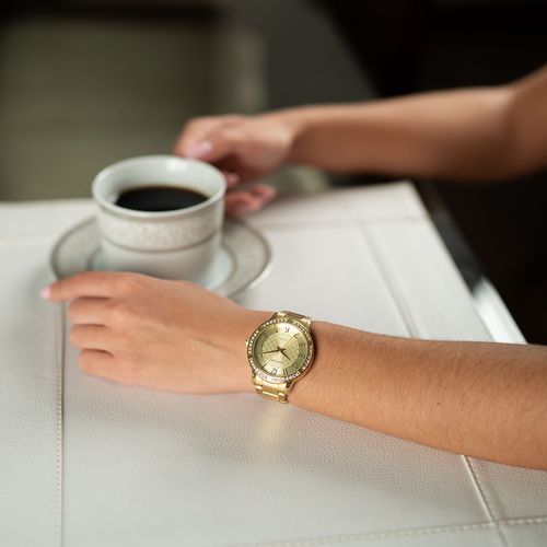 Relógio Feminino Dourado Cristais e Mostrador Texturizado