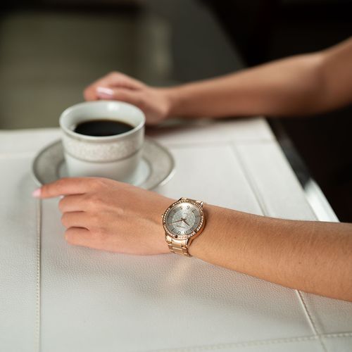 Relógio Feminino Rose Cristais e Mostrador Texturizado