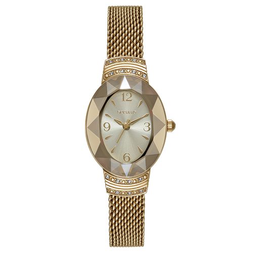 Relógio Feminino Oval Malha de Aço Dourado Cristais