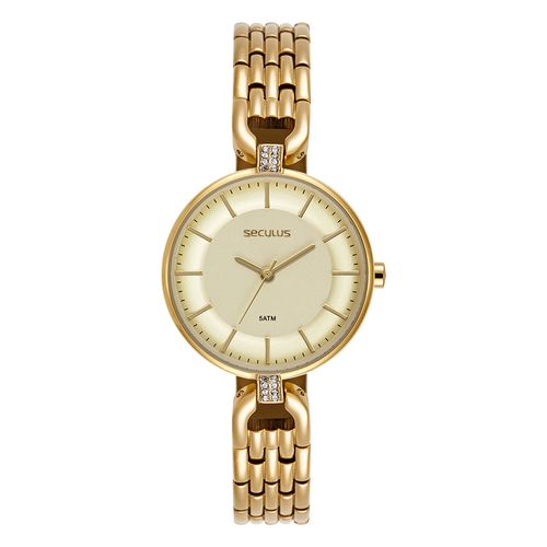 Relógio Feminino Dourado Cristais Pulseira Sólida