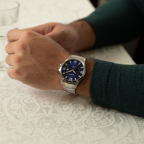 Relógio Masculino Aço Calendário Mostrador Azul