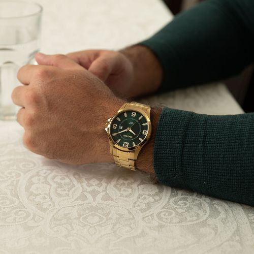 Relógio Masculino Aço Calendário Mostrador Verde