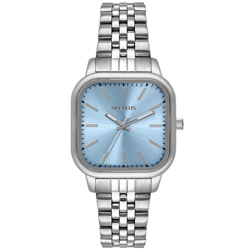 Relógio Feminino Quadrado Prata Mostrador Azul Minimalista