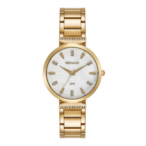 Relógio Feminino Dourado com Cristais Madrepérola