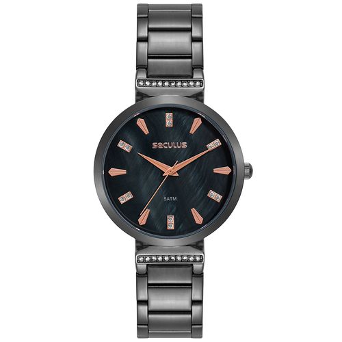 Relógio Feminino Preto com Cristais Madrepérola