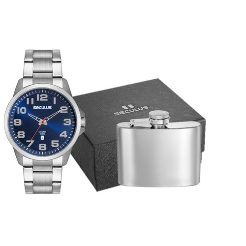 Kit Relógio Masculino em Aço Prata Mostrador Azul com Cantil