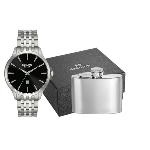 Kit Relógio Masculino em Aço Prata Mostrador Preto Cantil