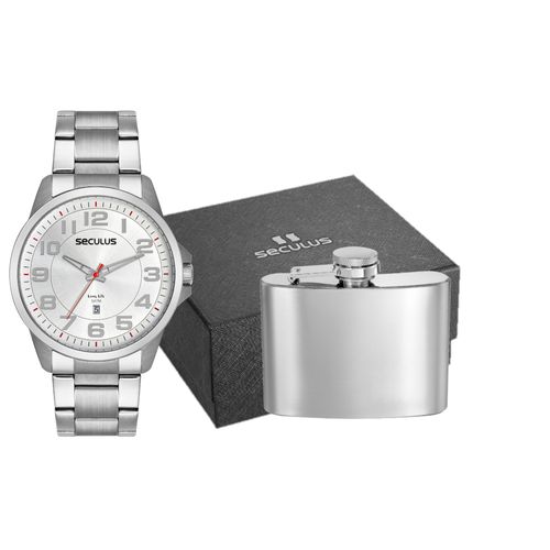 Kit Relógio Masculino em Aço Prata com Cantil em Alumínio