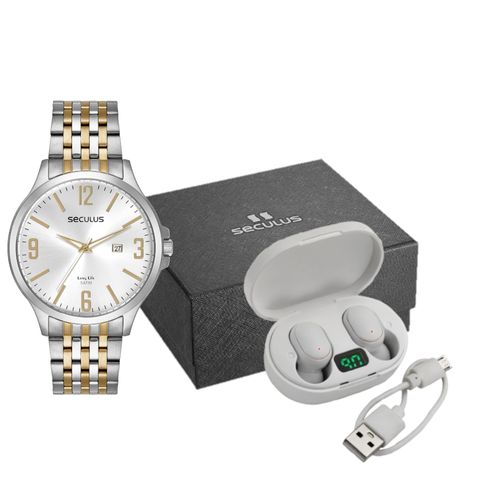 Kit Relógio Masculino em Aço Bicolor com Fone sem Fio