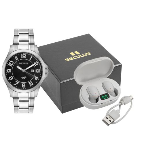 Kit Relógio Masculino Prata Mostrador Preto com Fone sem Fio