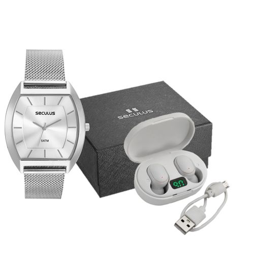 Kit Relógio Masculino Prata em Aço com Fone sem Fio