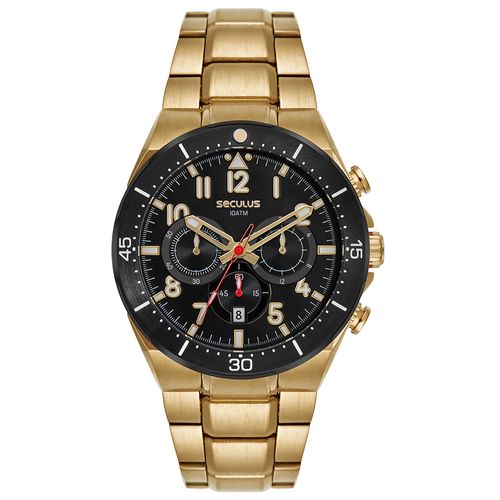 Relógio Masculino Dourado em Aço Cronógrafo Mostrador Preto