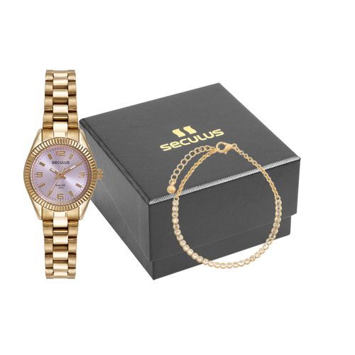 Kit Relógio Feminino Catraca Facetada Dourado com Pulseira