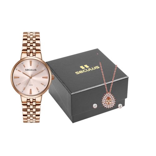 Kit Relógio Feminino Cristais Rosé Com Colar e Brincos