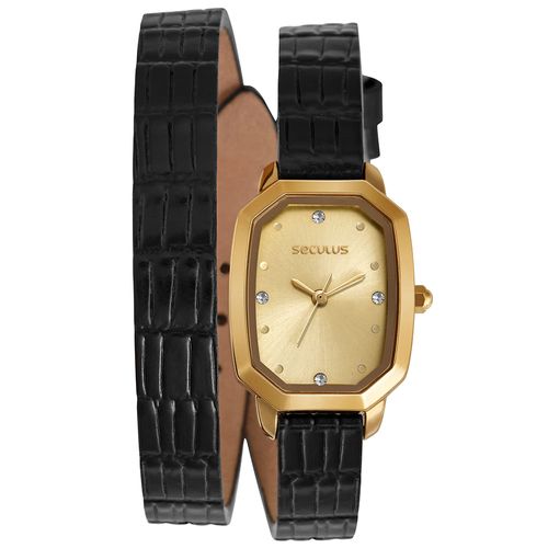 Relógio Feminino Pulseira em Couro duas Voltas Retangular