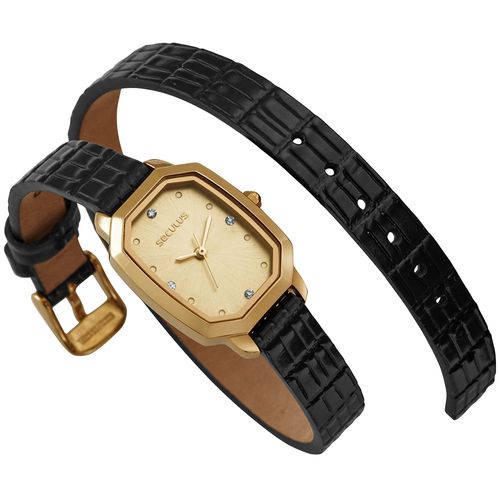 Relógio Feminino Pulseira em Couro duas Voltas Retangular