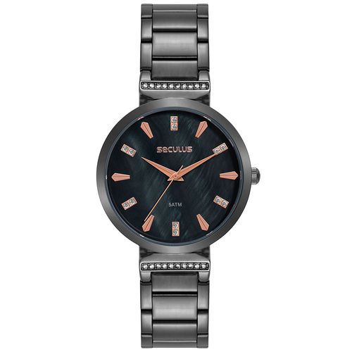 Relógio Feminino Preto com Cristais Madrepérola