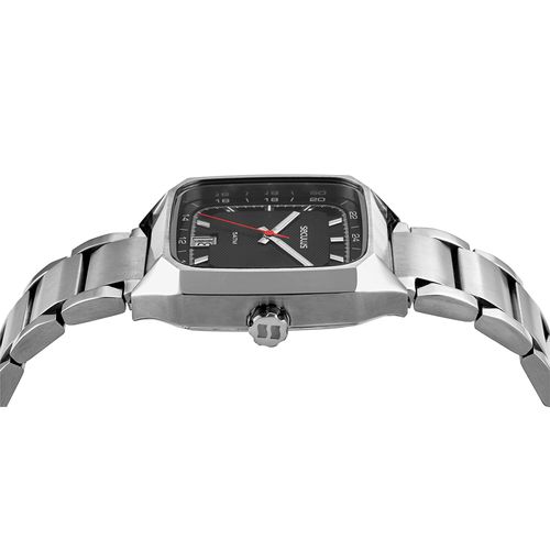 Relógio Masculino Prata Aço Quadrado Mostrador Preto