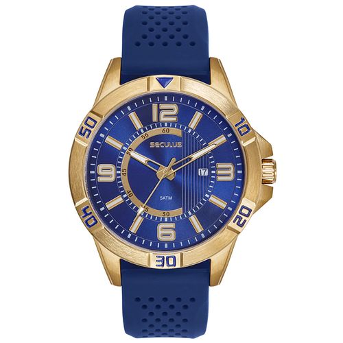 Relógio Masculino Dourado Caixa em Aço Mostrador Azul