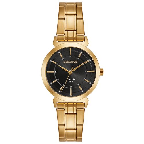 Relogio Feminino Aço Dourado Mostrador Preto