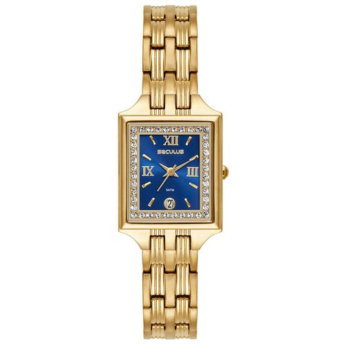 Relógio Feminino Dourado Quadrado Mostrador Azul