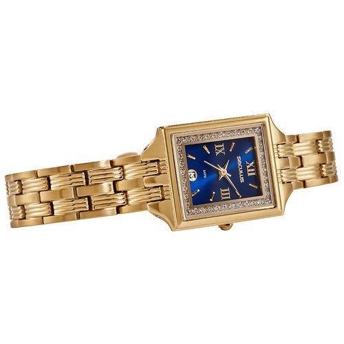 Relógio Feminino Dourado Quadrado Mostrador Azul
