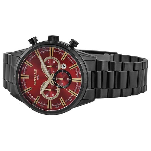 Relógio Masculino Cinza Cronógrafo Mostrador Vermelho
