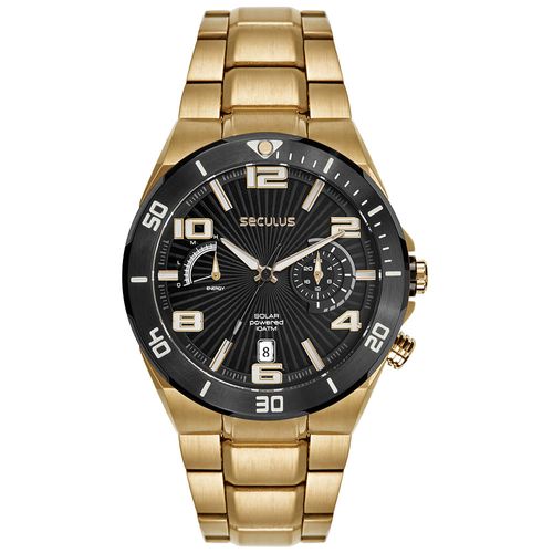 Relógio Masculino Aço Dourado Cronógrafo Solar