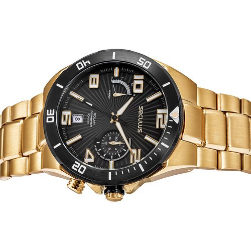 Relógio Masculino Aço Dourado Cronógrafo Solar