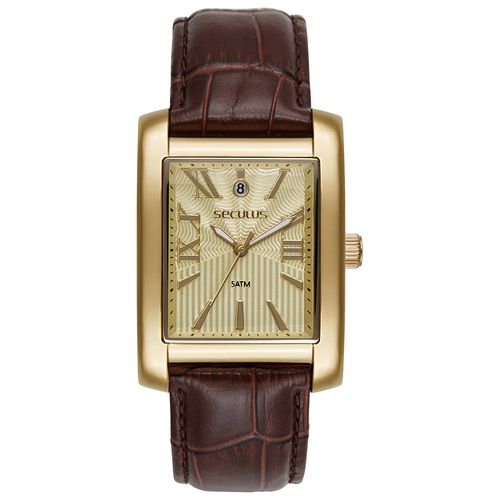 Relógio Masculino Analógico Quadrado Couro Croco Dourado
