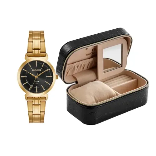 Kit Relógio Feminino Aço Dourado Mostrador Preto