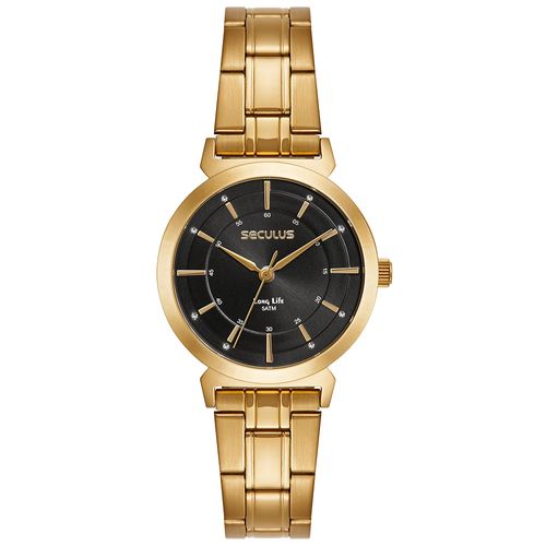 Kit Relógio Feminino Aço Dourado Mostrador Preto