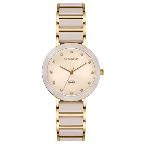 Relógio Feminino Analógico Cerâmica Cristais Rosa