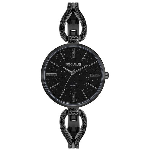 Relógio Feminino Analógico Moon Stone Cristais Preto