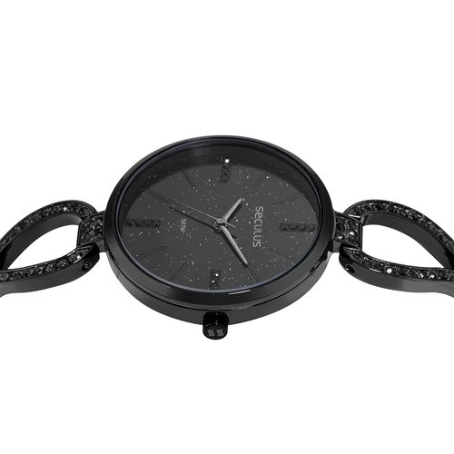 Relógio Feminino Analógico Moon Stone Cristais Preto