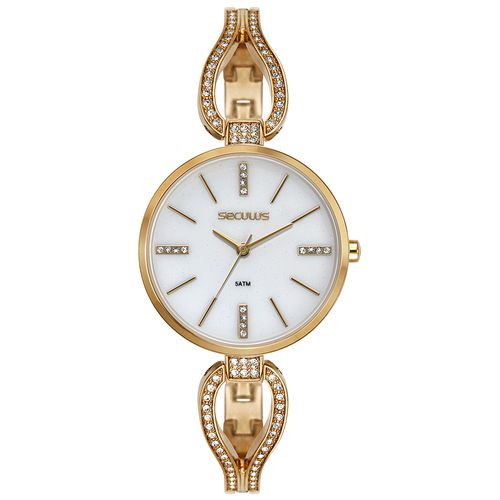 Relógio Feminino Analógico Moon Stone Cristais Dourado