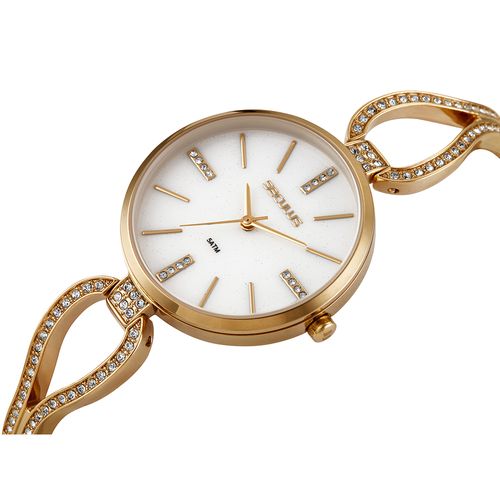 Relógio Feminino Analógico Moon Stone Cristais Dourado
