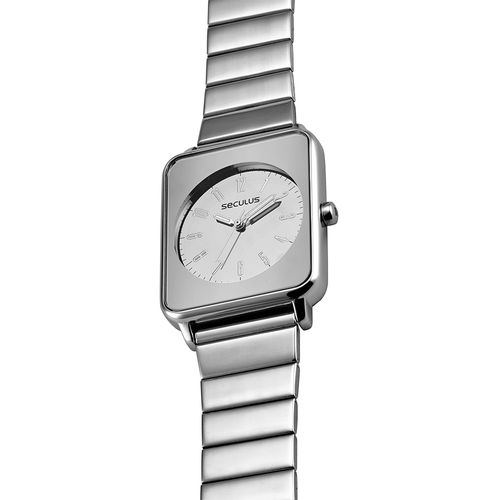 Relógio Feminino Quadrado Efeito Espelhado Prateado